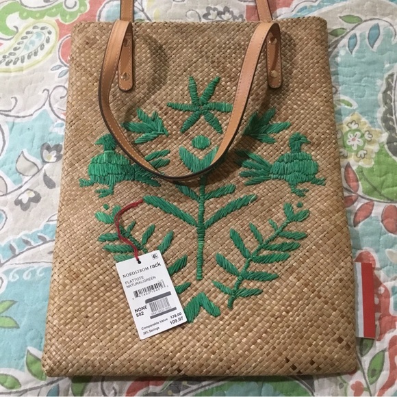 Francis Valentine Natural Straw Green Embroidery Flat Tote NWOT Flower Bag Purse - Picture 5 of 10